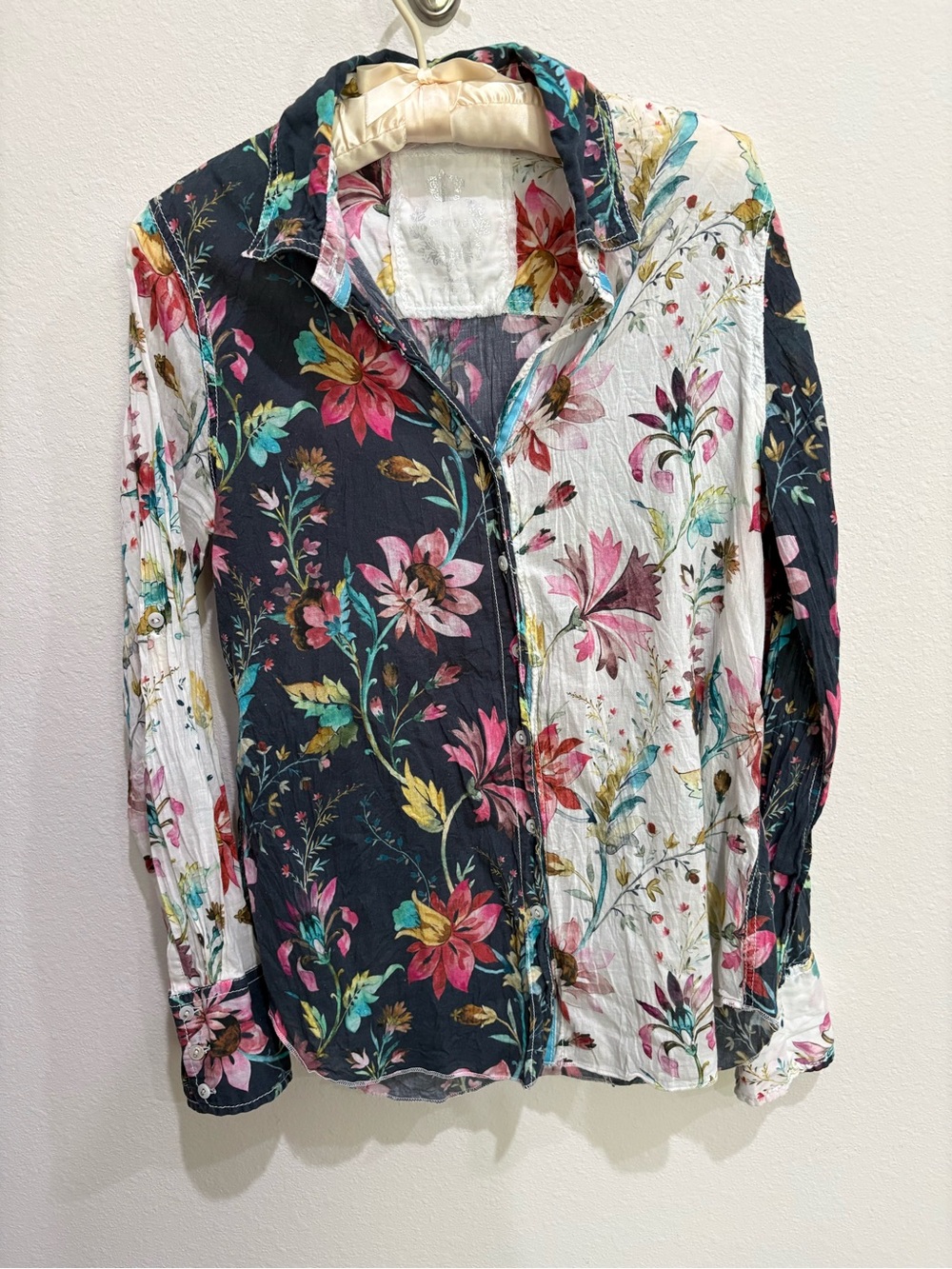Cino Crinkle Cotton Floral Patchwork Button Down Shirt Boho Blouse Small